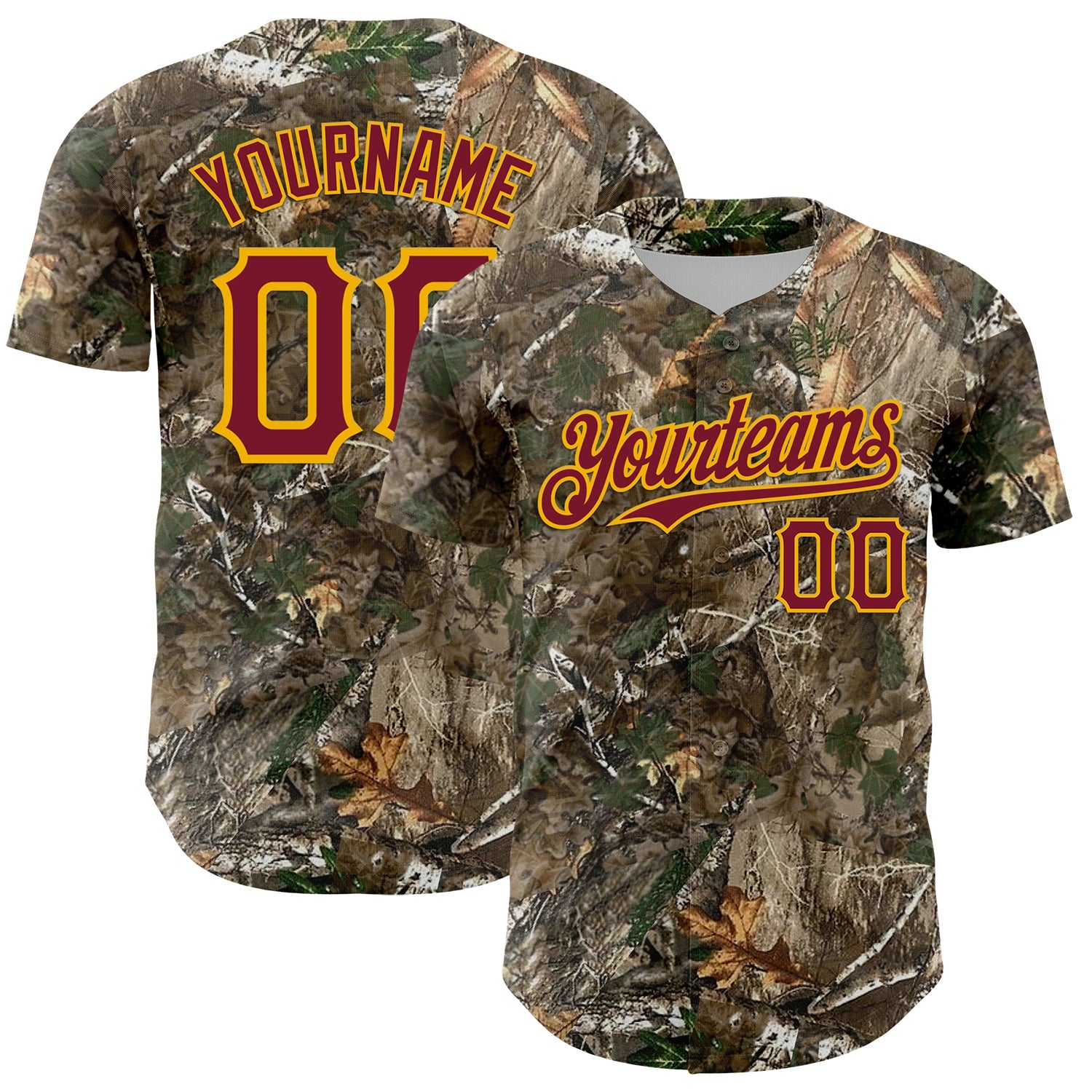 Custom Camo Crimson-Gold Woodland Forest Camouflage Authentic Salute To Service Baseball Jersey - Main View