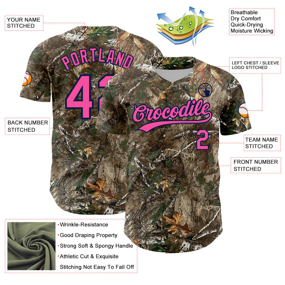 Custom Camo Pink-Navy Woodland Forest Camouflage Authentic Salute To Service Baseball Jersey view 3