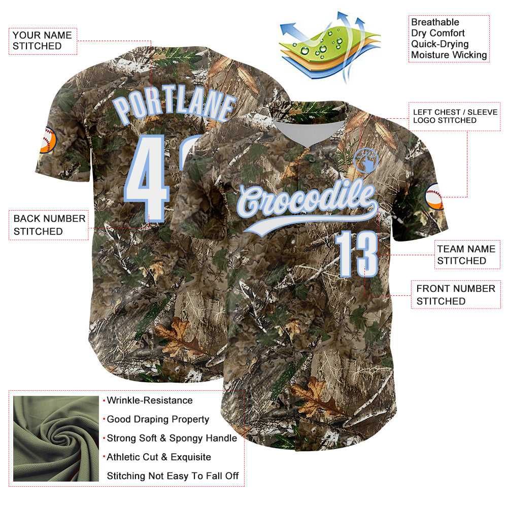 Custom Camo White-Light Blue Woodland Forest Camouflage Authentic Salute To Service Baseball Jersey view 3
