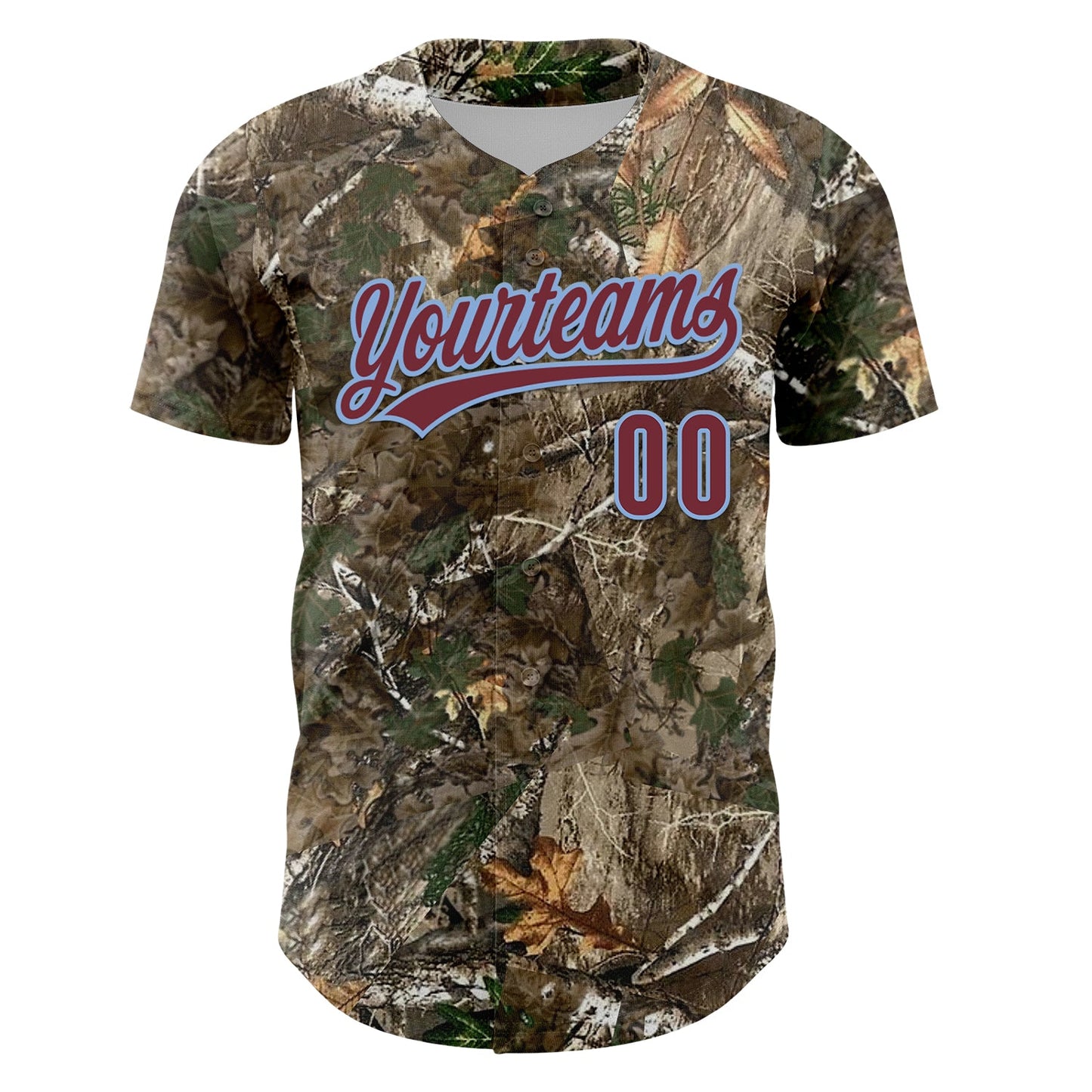 Custom Camo Burgundy-Light Blue Woodland Forest Camouflage Authentic Salute To Service Baseball Jersey view 2