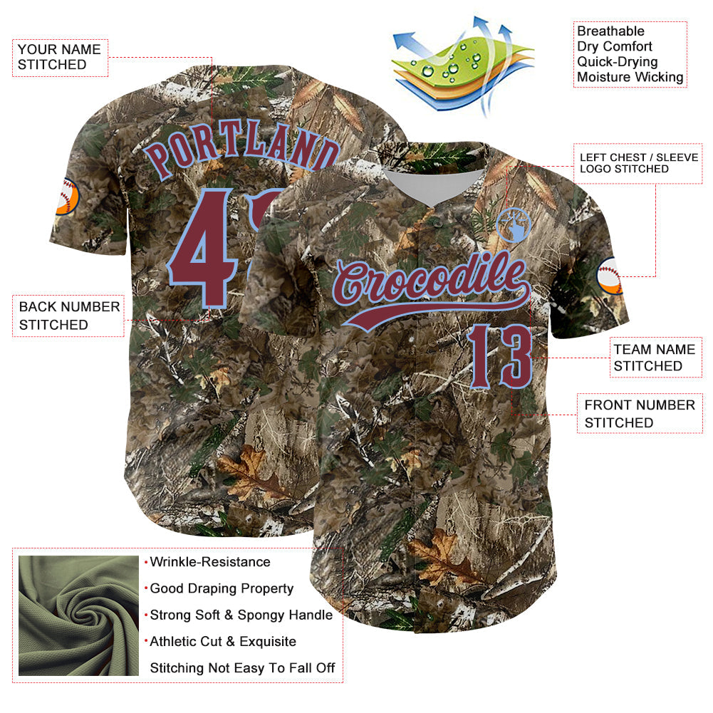 Custom Camo Burgundy-Light Blue Woodland Forest Camouflage Authentic Salute To Service Baseball Jersey view 3