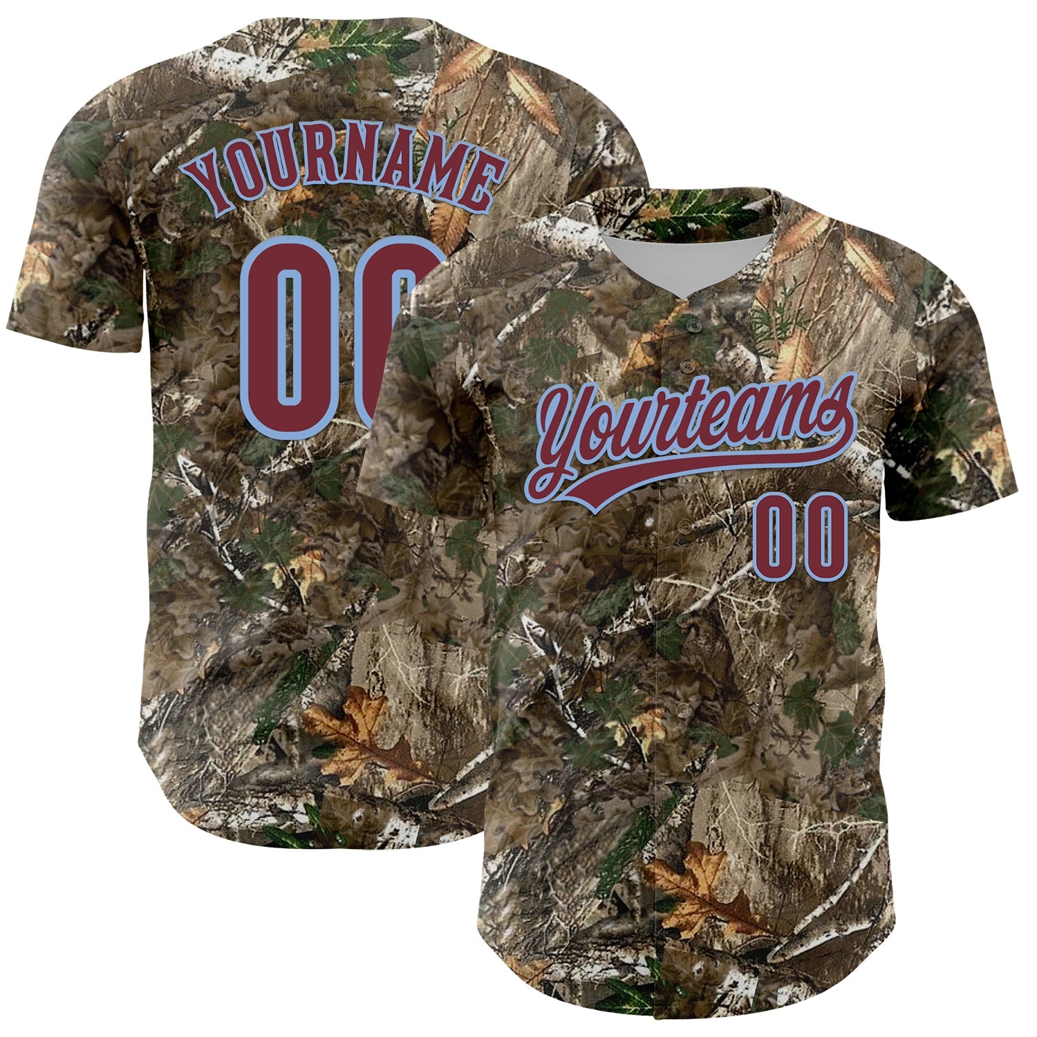 Custom Camo Burgundy-Light Blue Woodland Forest Camouflage Authentic Salute To Service Baseball Jersey - Main View