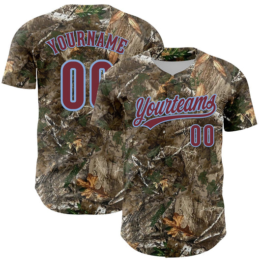 Custom Camo Burgundy-Light Blue Woodland Forest Camouflage Authentic Salute To Service Baseball Jersey - Main View