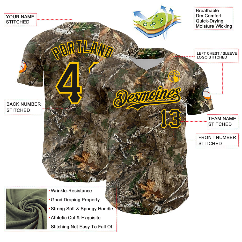 Custom Camo Black-Yellow Woodland Forest Camouflage Authentic Salute To Service Baseball Jersey view 3