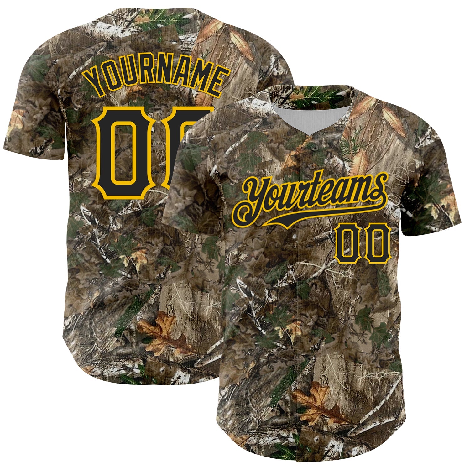 Custom Camo Black-Yellow Woodland Forest Camouflage Authentic Salute To Service Baseball Jersey - Main View
