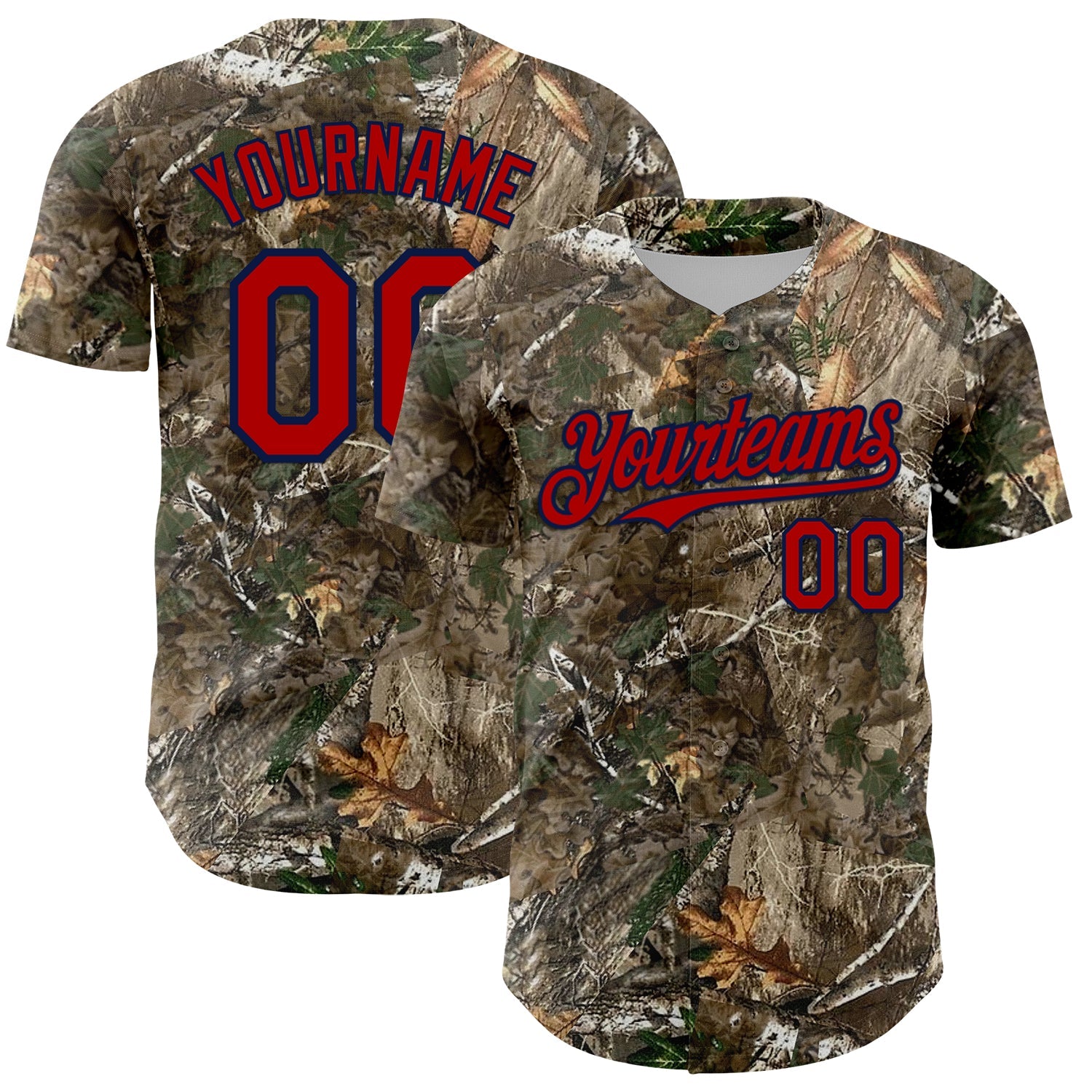 Custom Camo Red-Navy Woodland Forest Camouflage Authentic Salute To Service Baseball Jersey - Main View