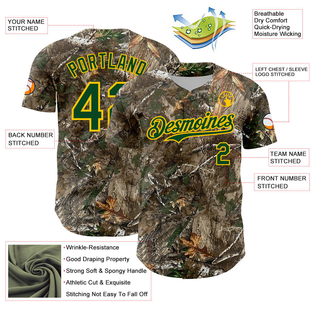 Custom Camo Green-Yellow Woodland Forest Camouflage Authentic Salute To Service Baseball Jersey view 3