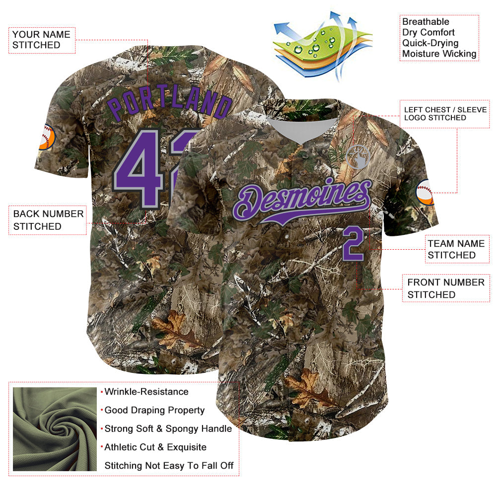 Custom Camo Purple Gray-Black Woodland Forest Camouflage Authentic Salute To Service Baseball Jersey view 3