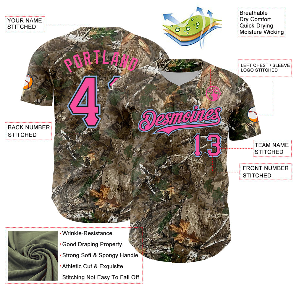 Custom Camo Light Blue Black-Pink Woodland Forest Camouflage Authentic Salute To Service Baseball Jersey view 3