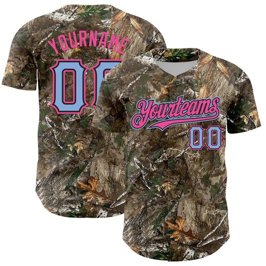 Custom Camo Light Blue Black-Pink Woodland Forest Camouflage Authentic Salute To Service Baseball Jersey - Main View