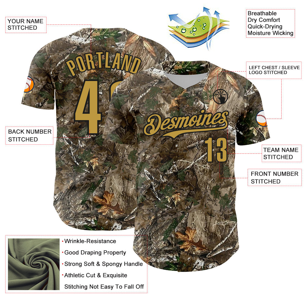 Custom Camo Old Gold-Black Woodland Forest Camouflage Authentic Salute To Service Baseball Jersey view 3