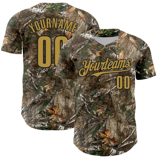 Custom Camo Old Gold-Black Woodland Forest Camouflage Authentic Salute To Service Baseball Jersey - Main View