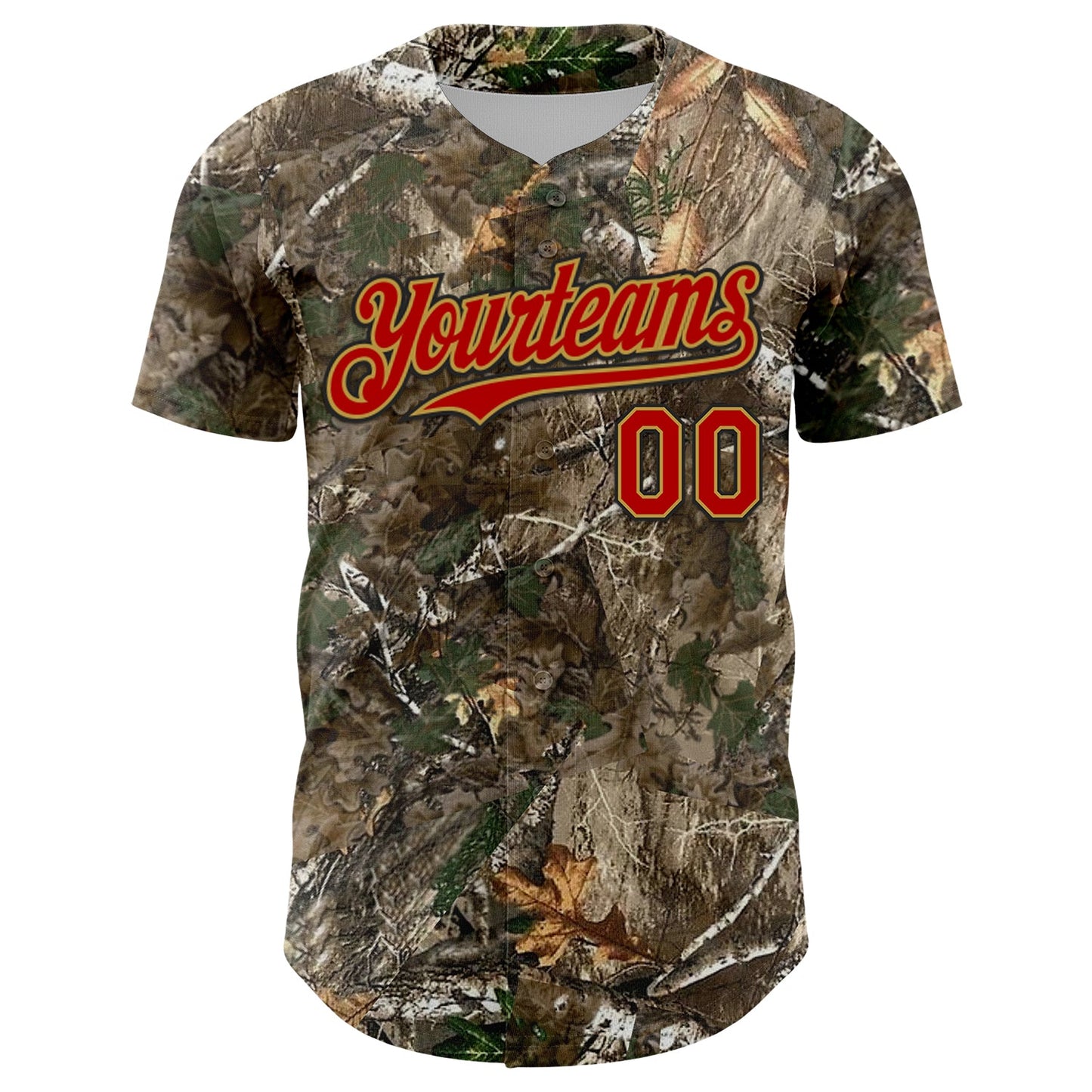 Custom Camo Red Old Gold-Black Woodland Forest Camouflage Authentic Salute To Service Baseball Jersey view 2