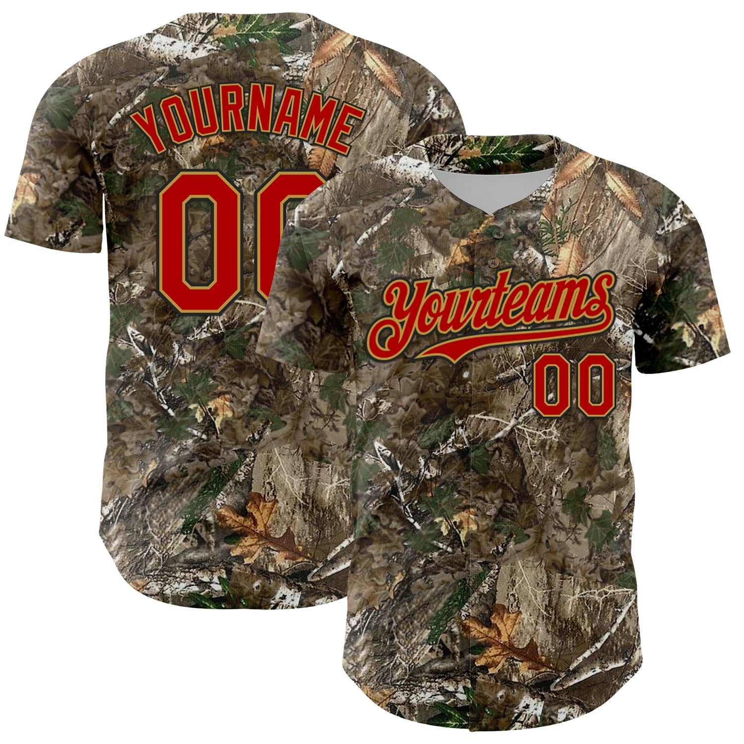 Custom Camo Red Old Gold-Black Woodland Forest Camouflage Authentic Salute To Service Baseball Jersey - Main View