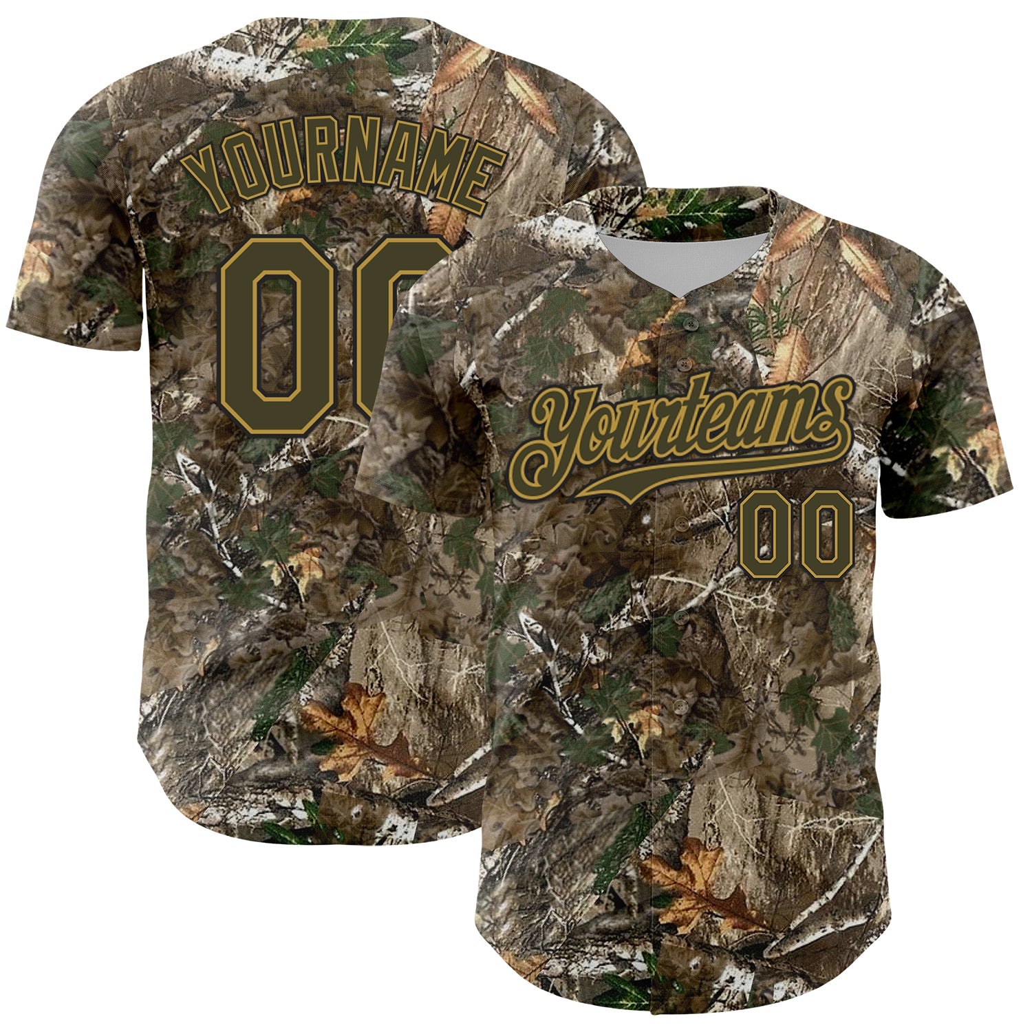 Custom Camo Olive Old Gold-Black Woodland Forest Camouflage Authentic Salute To Service Baseball Jersey - Main View