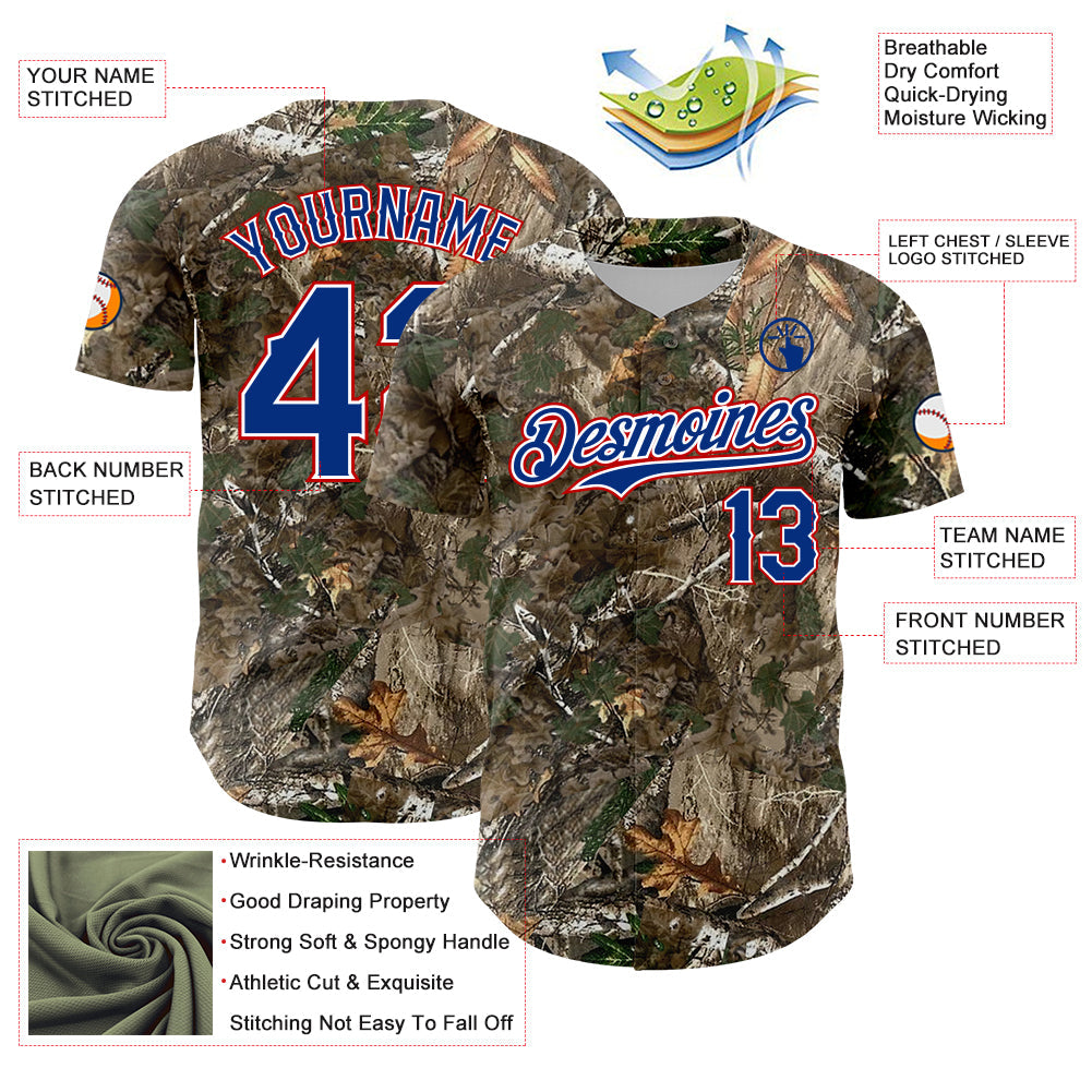 Custom Camo Royal White-Red Woodland Forest Camouflage Authentic Salute To Service Baseball Jersey view 3