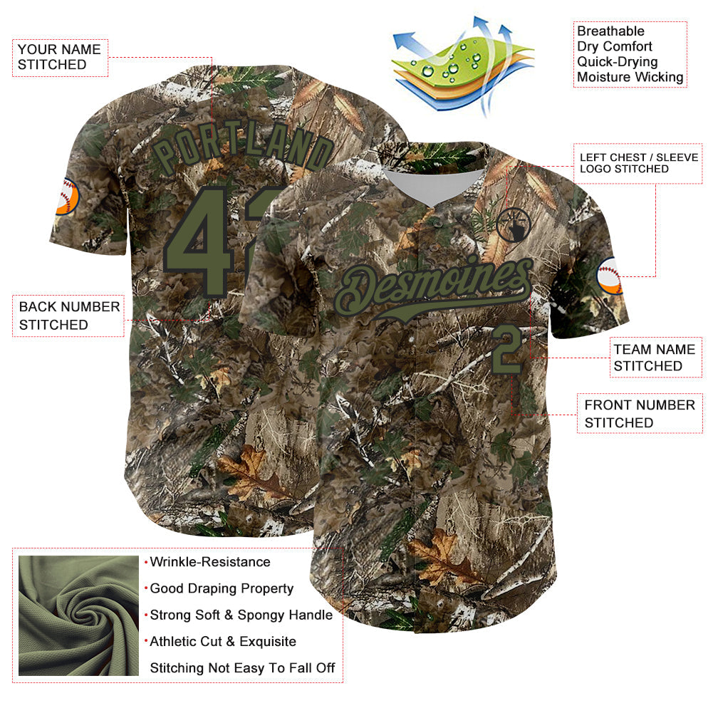 Custom Camo Olive-Black Woodland Forest Camouflage Authentic Salute To Service Baseball Jersey view 3