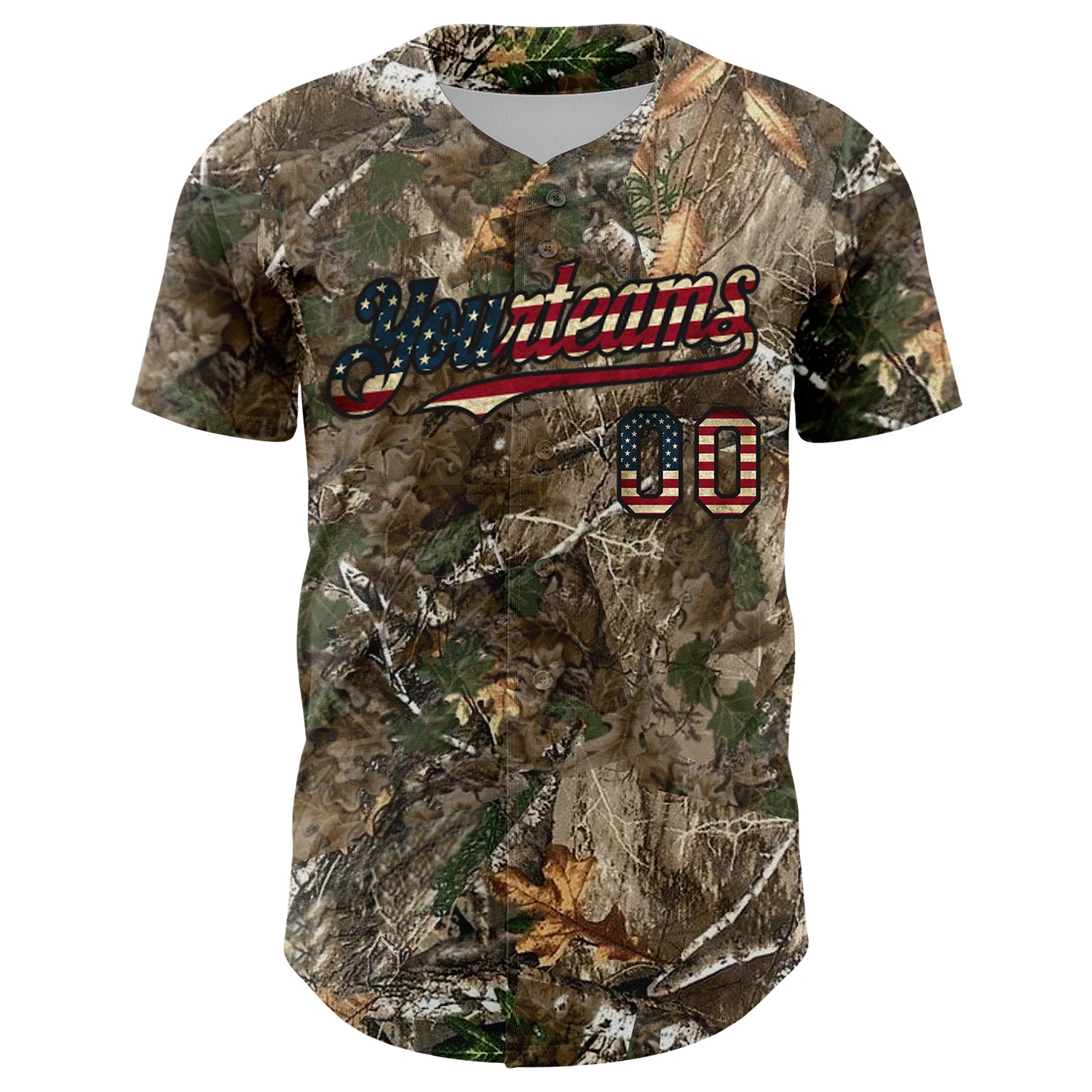 Custom Camo Vintage USA Flag Olive-Black Woodland Forest Camouflage Authentic Salute To Service Baseball Jersey view 2