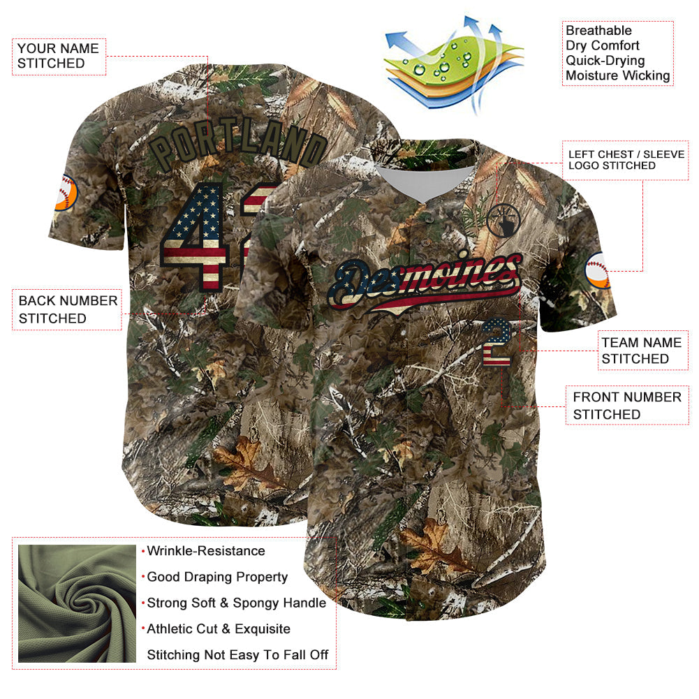 Custom Camo Vintage USA Flag Olive-Black Woodland Forest Camouflage Authentic Salute To Service Baseball Jersey view 3