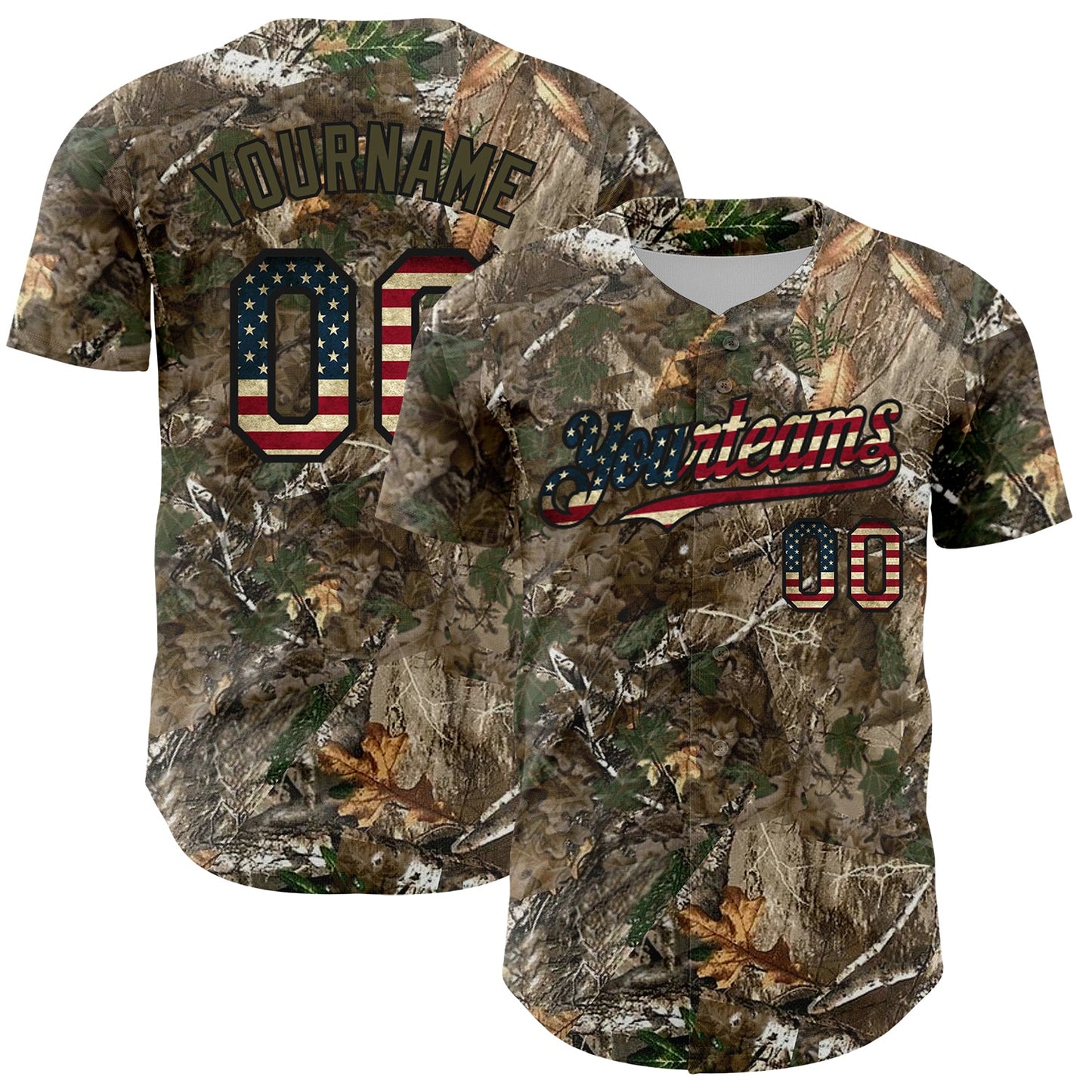 Custom Camo Vintage USA Flag Olive-Black Woodland Forest Camouflage Authentic Salute To Service Baseball Jersey - Main View