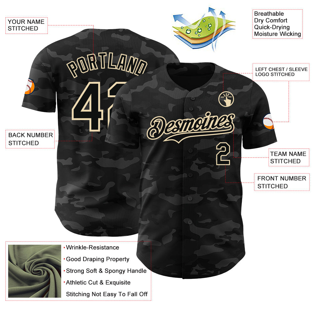 Custom Camo Black-Cream Dark Camouflage Tactical Style Authentic Salute To Service Baseball Jersey view 3