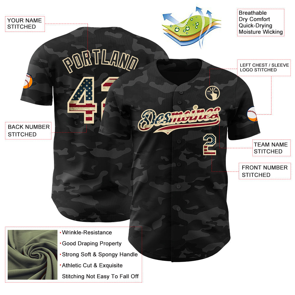 Custom Camo Vintage USA Flag Black-Cream Dark Camouflage Tactical Style Authentic Salute To Service Baseball Jersey view 3