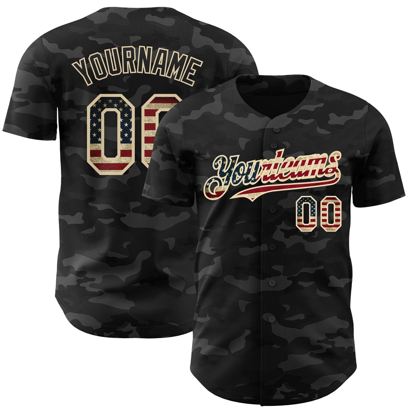 Custom Camo Vintage USA Flag Black-Cream Dark Camouflage Tactical Style Authentic Salute To Service Baseball Jersey - Main View
