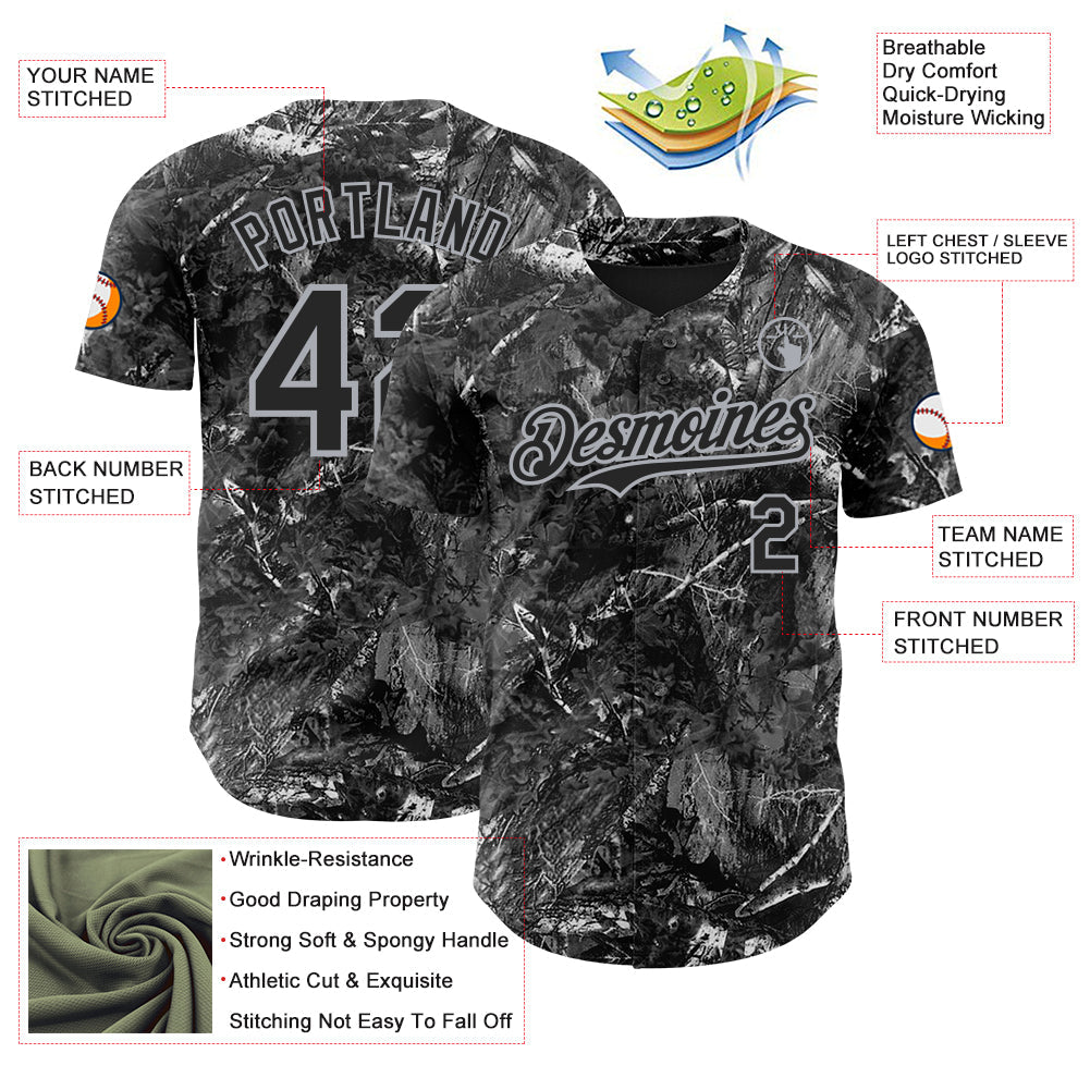 Custom Camo Black-Gray Woodland Forest Camouflage Authentic Salute To Service Baseball Jersey view 3