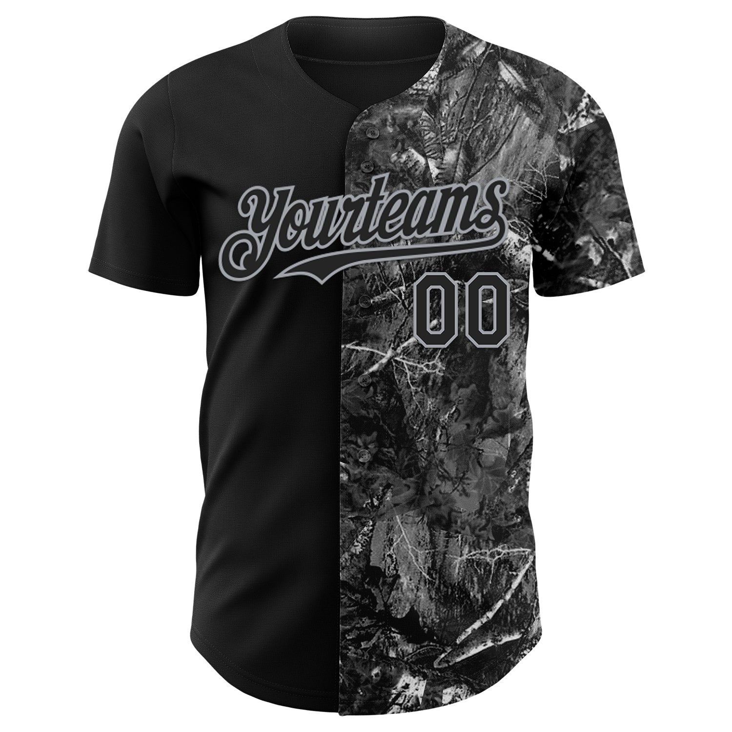 Custom Camo Black-Gray Woodland Forest Camouflage Split Authentic Salute To Service Baseball Jersey view 2