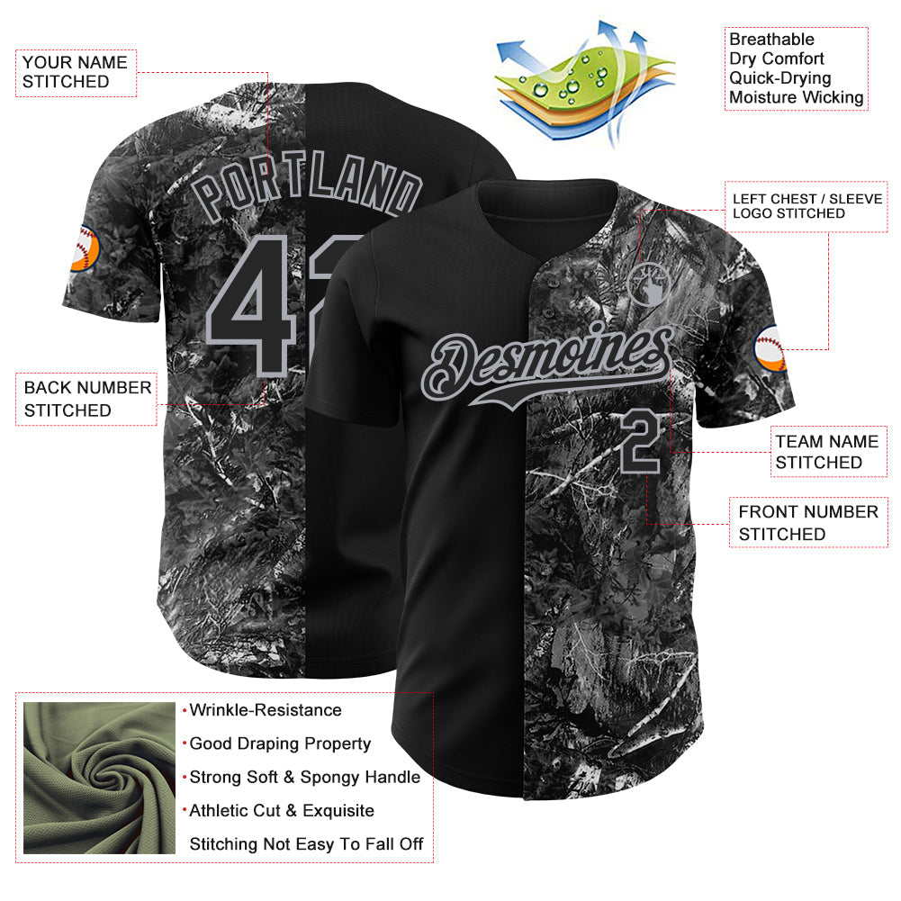 Custom Camo Black-Gray Woodland Forest Camouflage Split Authentic Salute To Service Baseball Jersey view 3