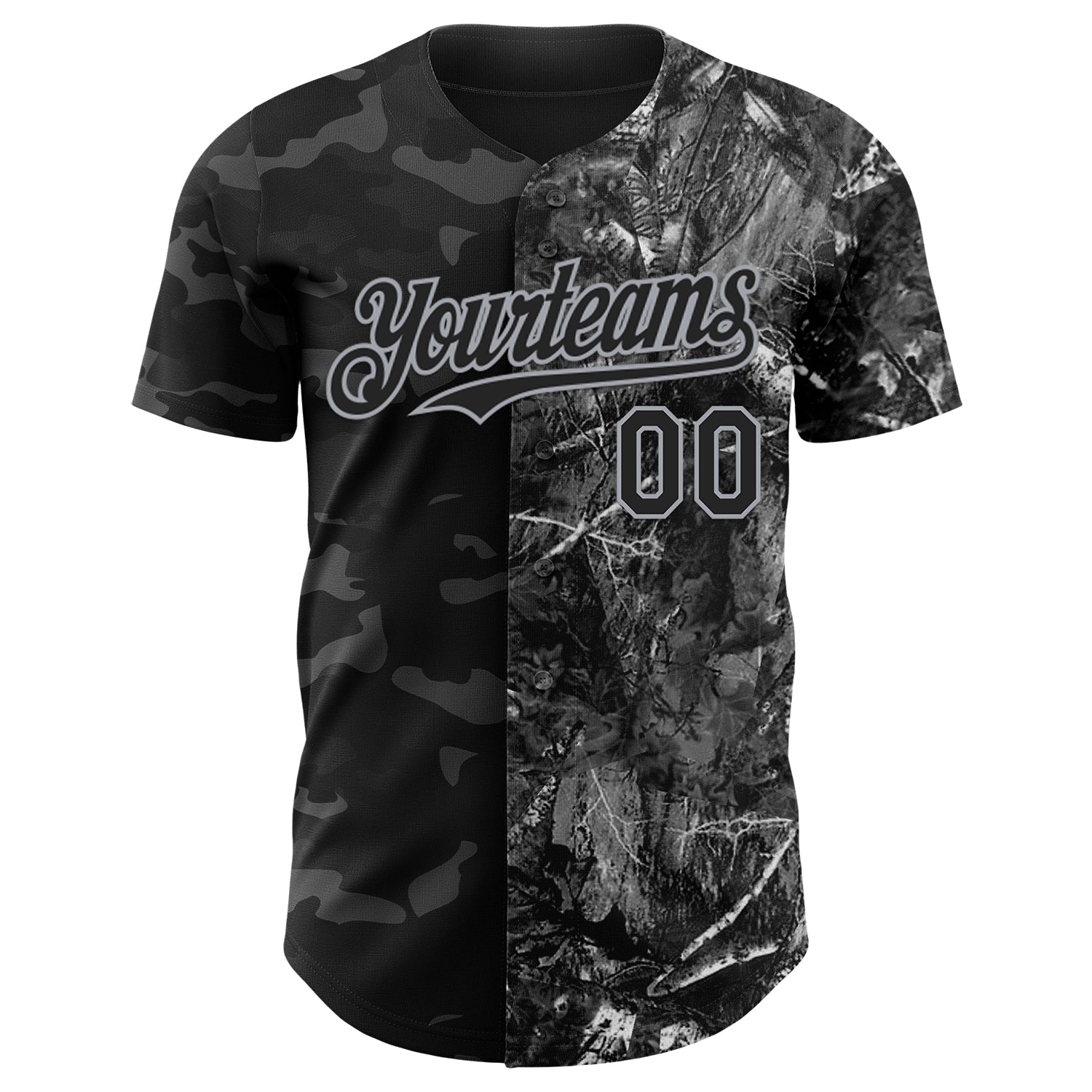 Custom Camo Black-Gray Woodland Forest Split Dark Camouflage Authentic Salute To Service Baseball Jersey view 2