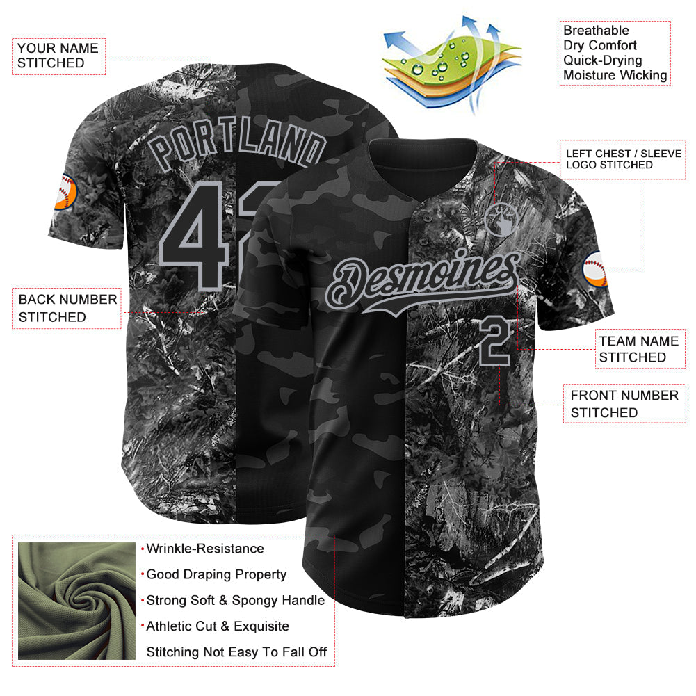 Custom Camo Black-Gray Woodland Forest Split Dark Camouflage Authentic Salute To Service Baseball Jersey view 3