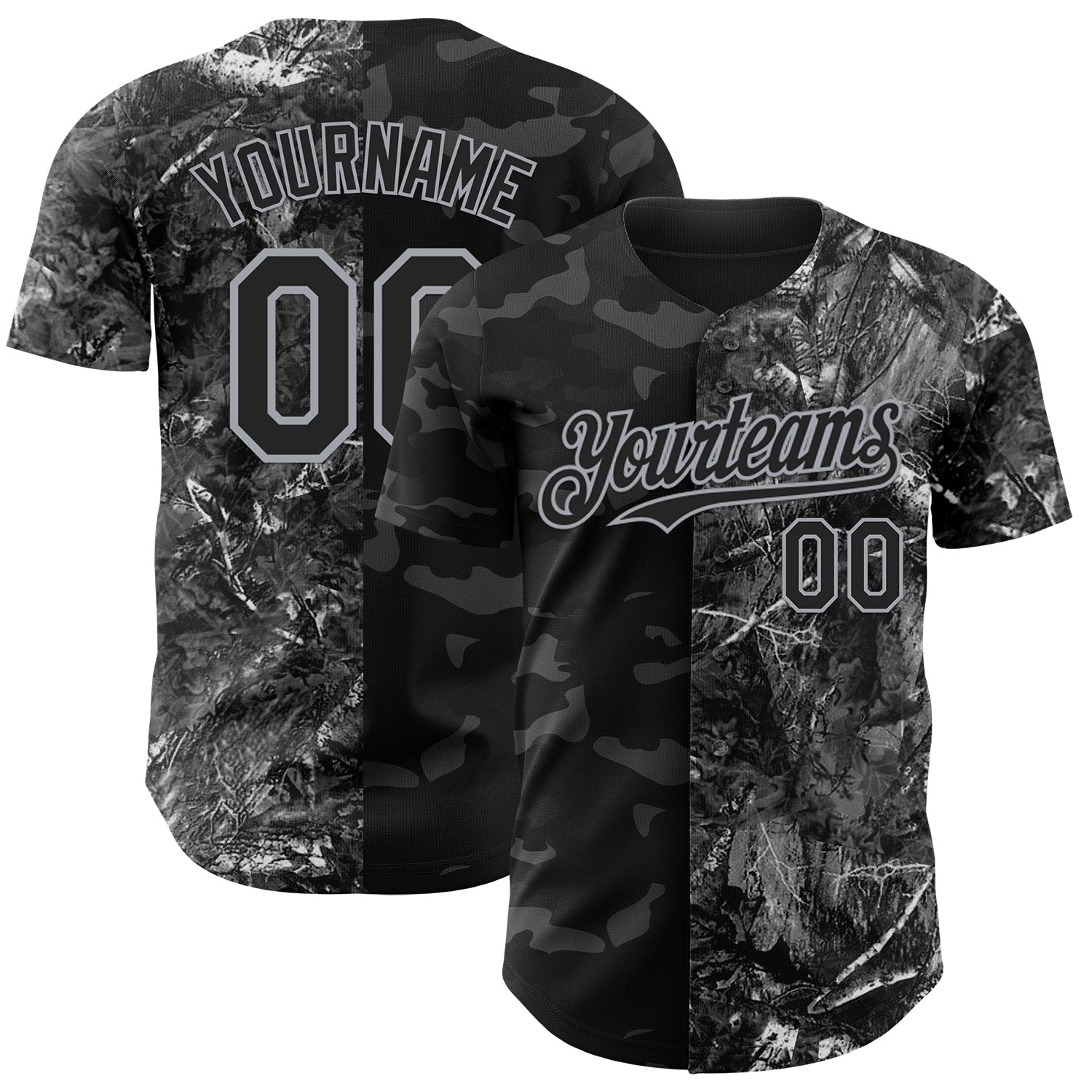 Custom Camo Black-Gray Woodland Forest Split Dark Camouflage Authentic Salute To Service Baseball Jersey - Main View