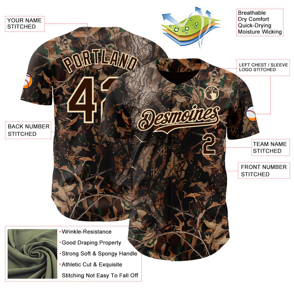 Custom Camo Brown-Cream Woodland Forest Camouflage Authentic Salute To Service Baseball Jersey view 3