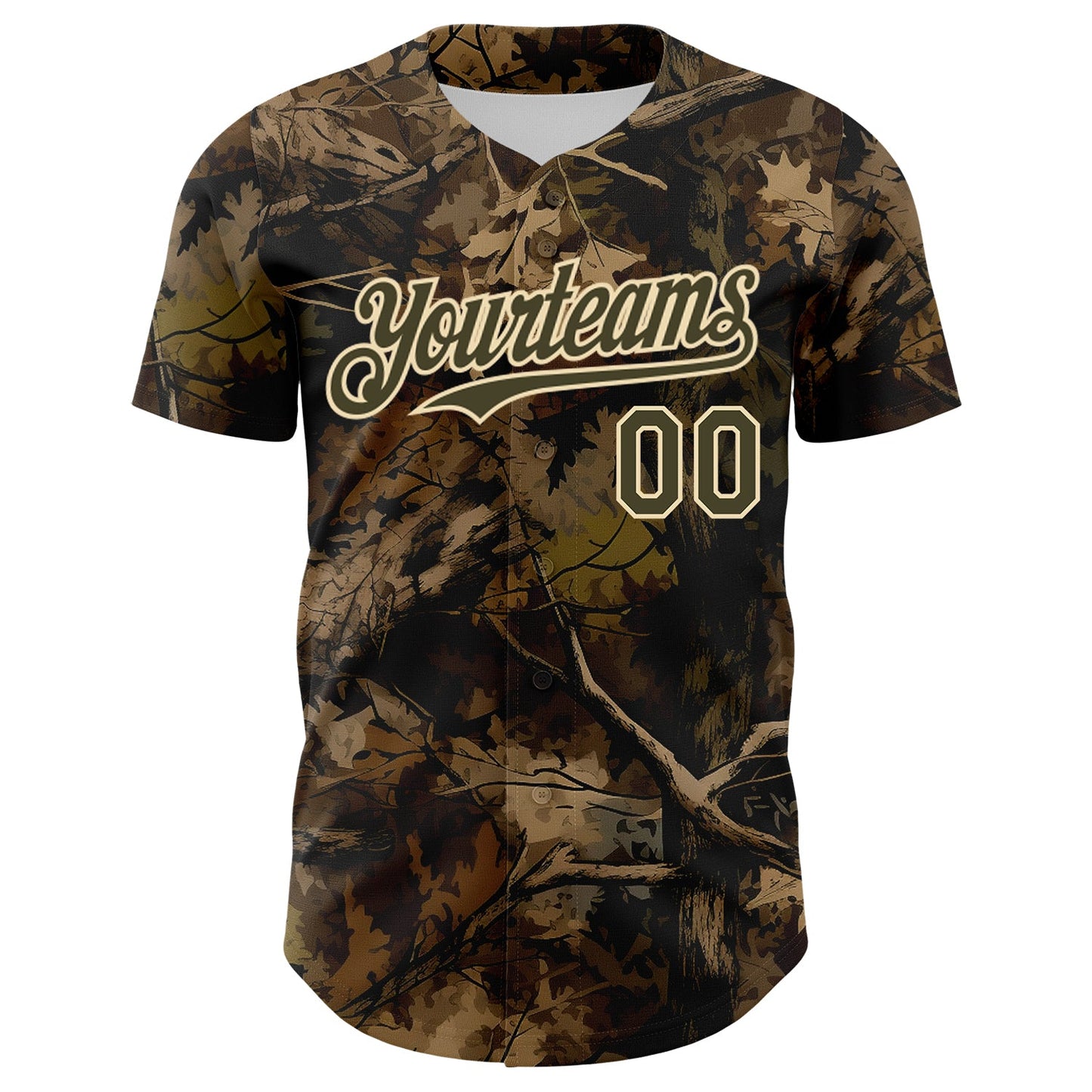 Custom Camo Olive-Cream Woodland Forest Tactical Camouflage Outdoor Leaf Authentic Baseball Jersey view 2