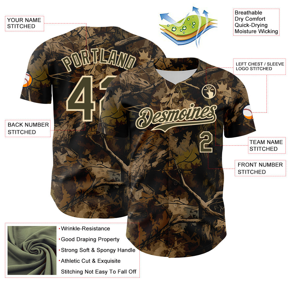 Custom Camo Olive-Cream Woodland Forest Tactical Camouflage Outdoor Leaf Authentic Baseball Jersey view 3