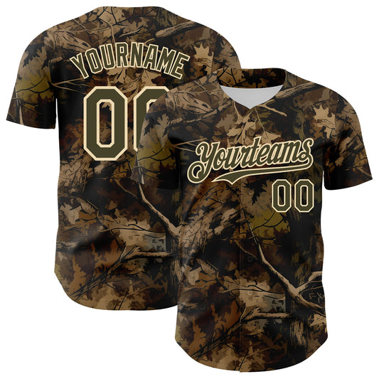Custom Camo Olive-Cream Woodland Forest Tactical Camouflage Outdoor Leaf Authentic Baseball Jersey - Main View