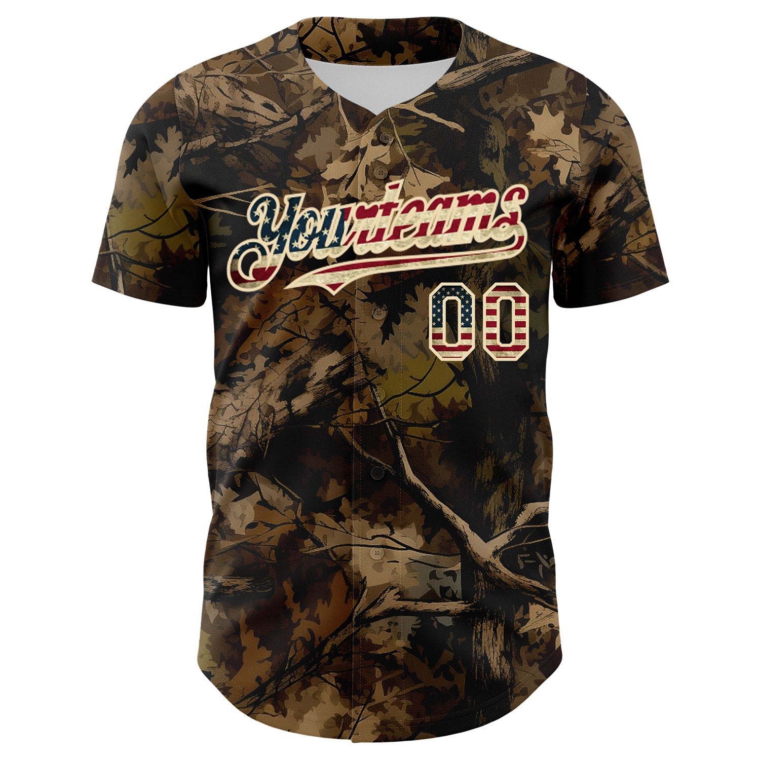 Custom Camo Vintage USA Flag Cream-Black Woodland Forest Tactical Camouflage Outdoor Leaf Authentic Baseball Jersey view 2