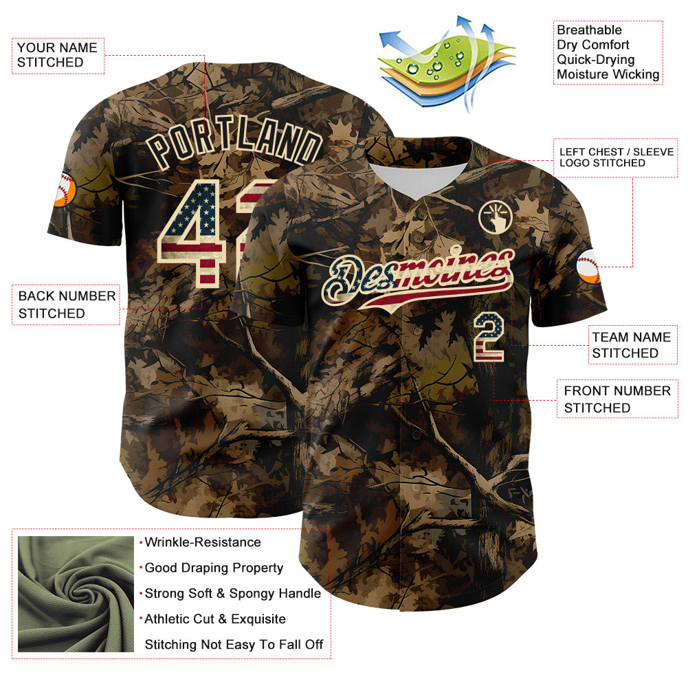 Custom Camo Vintage USA Flag Cream-Black Woodland Forest Tactical Camouflage Outdoor Leaf Authentic Baseball Jersey view 3