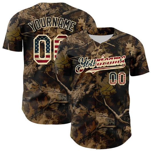 Custom Camo Vintage USA Flag Cream-Black Woodland Forest Tactical Camouflage Outdoor Leaf Authentic Baseball Jersey - Main View