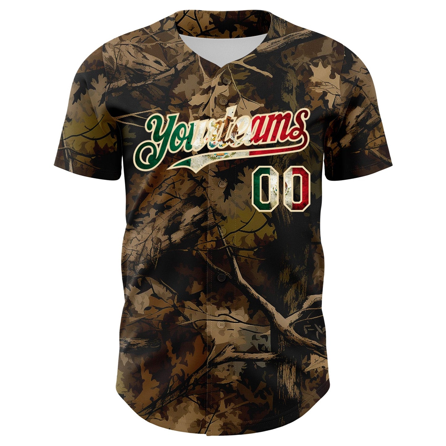Custom Camo Vintage Mexican Flag Cream-Red Woodland Forest Tactical Camouflage Outdoor Leaf Authentic Baseball Jersey view 2