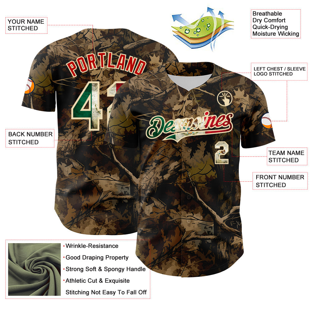 Custom Camo Vintage Mexican Flag Cream-Red Woodland Forest Tactical Camouflage Outdoor Leaf Authentic Baseball Jersey view 3