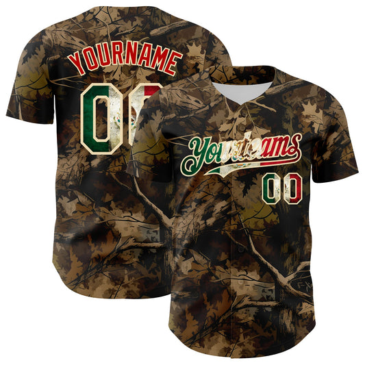 Custom Camo Vintage Mexican Flag Cream-Red Woodland Forest Tactical Camouflage Outdoor Leaf Authentic Baseball Jersey - Main View