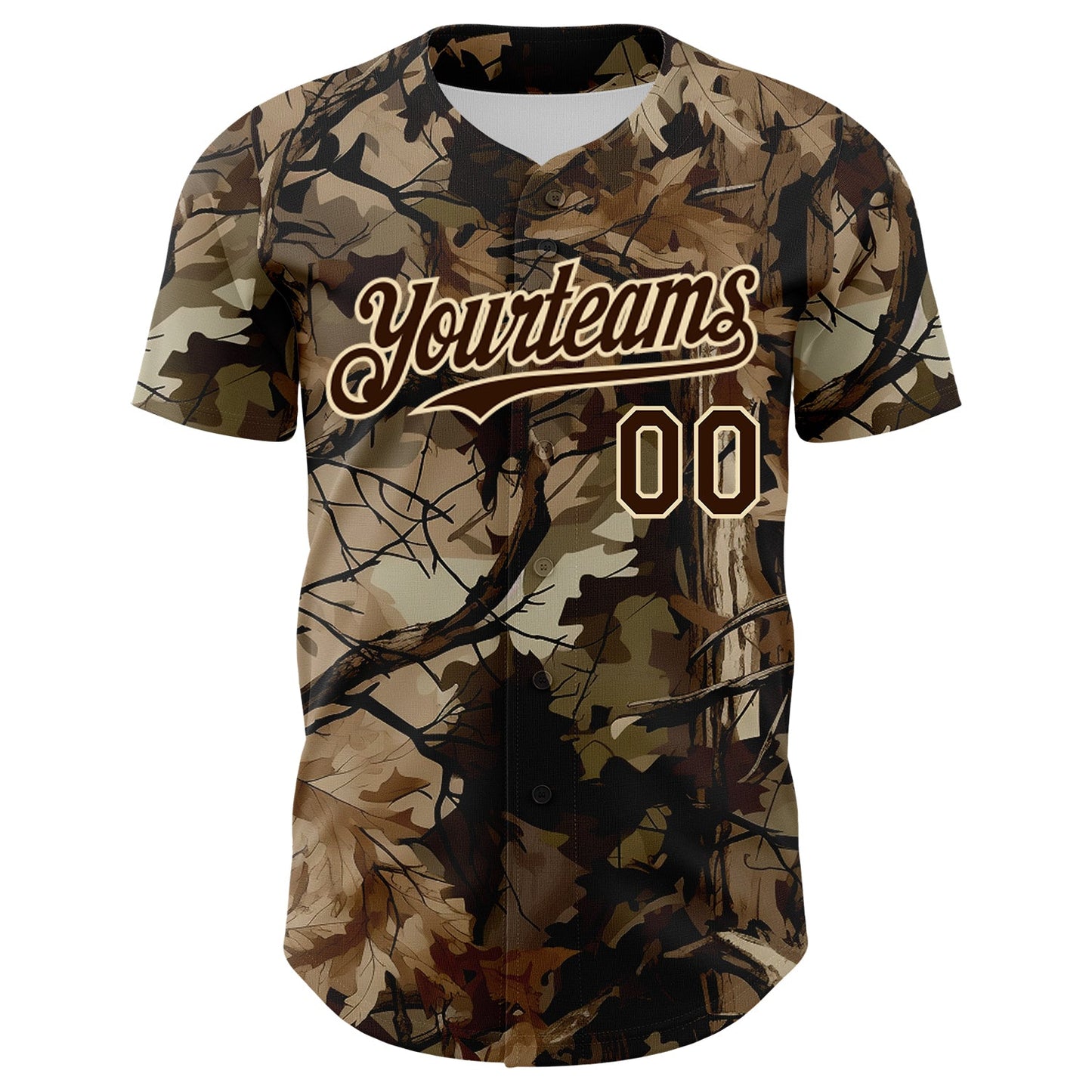 Custom Camo Brown-Cream Woodland Forest Tactical Camouflage Outdoor Leaf Authentic Baseball Jersey view 2