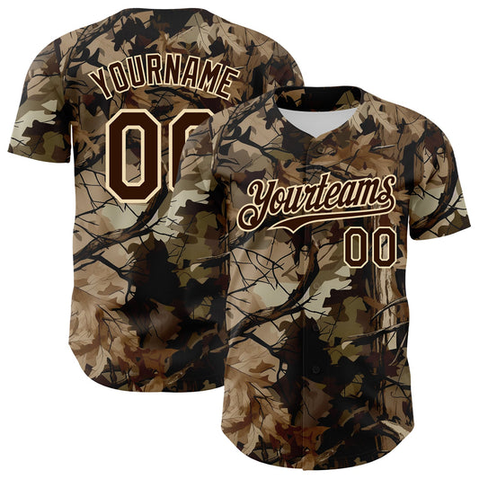 Custom Camo Brown-Cream Woodland Forest Tactical Camouflage Outdoor Leaf Authentic Baseball Jersey - Main View