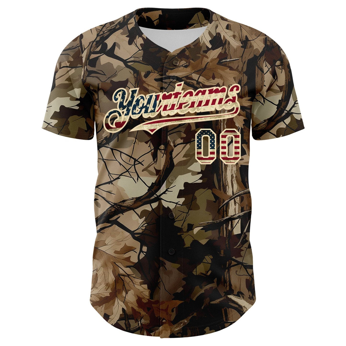 Custom Camo Vintage USA Flag Cream-Black Woodland Forest Tactical Camouflage Outdoor Leaf Authentic Baseball Jersey view 2