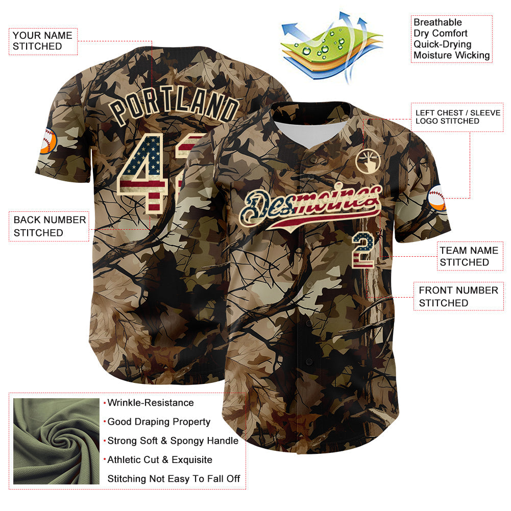 Custom Camo Vintage USA Flag Cream-Black Woodland Forest Tactical Camouflage Outdoor Leaf Authentic Baseball Jersey view 3
