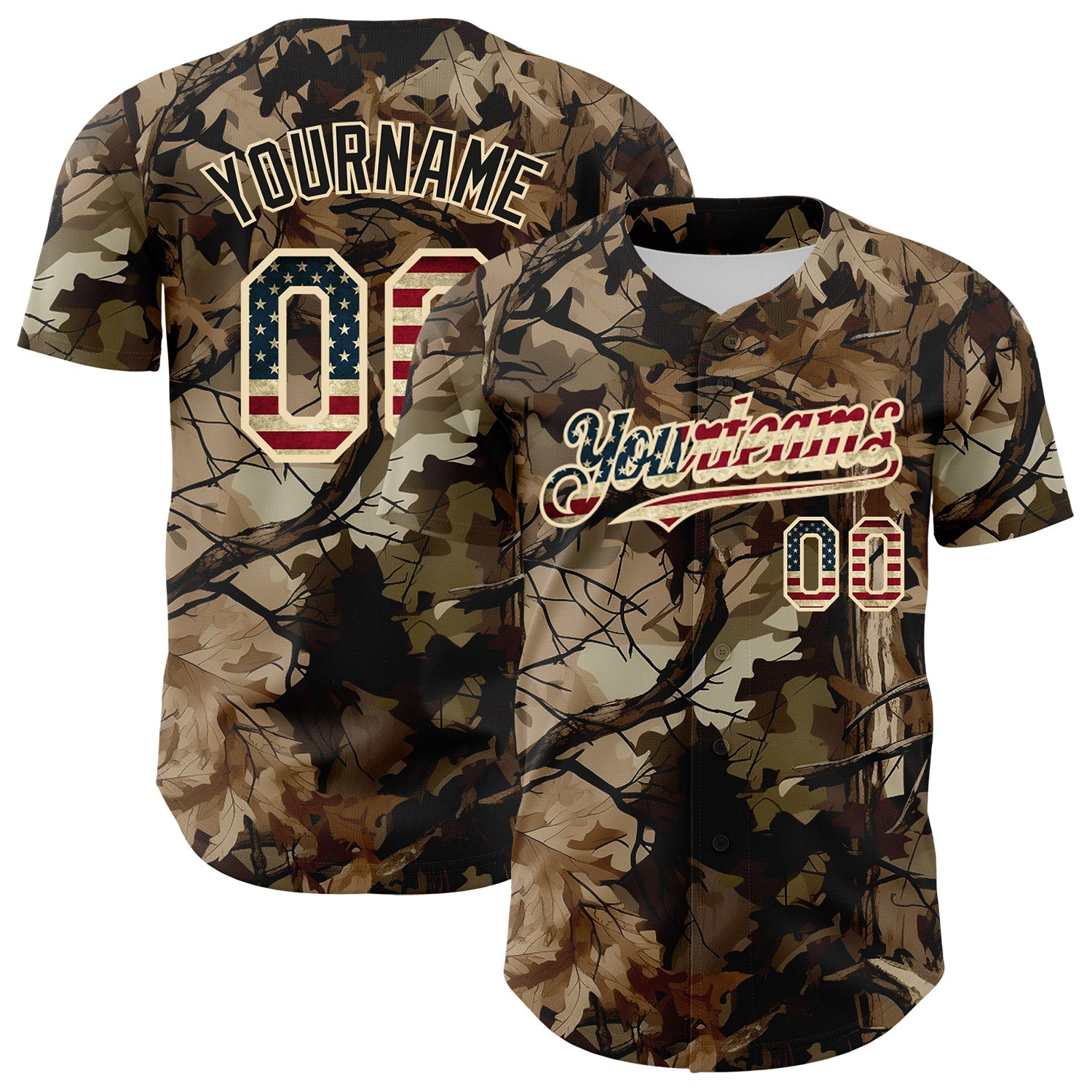 Custom Camo Vintage USA Flag Cream-Black Woodland Forest Tactical Camouflage Outdoor Leaf Authentic Baseball Jersey - Main View
