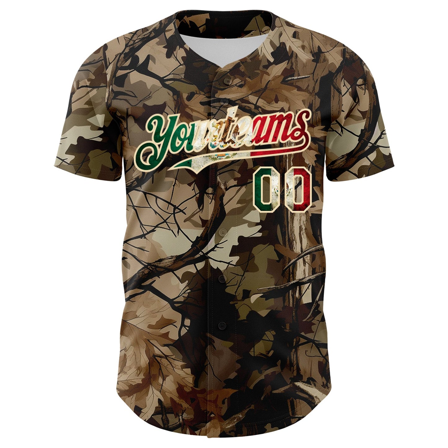 Custom Camo Vintage Mexican Flag Cream-Red Woodland Forest Tactical Camouflage Outdoor Leaf Authentic Baseball Jersey view 2