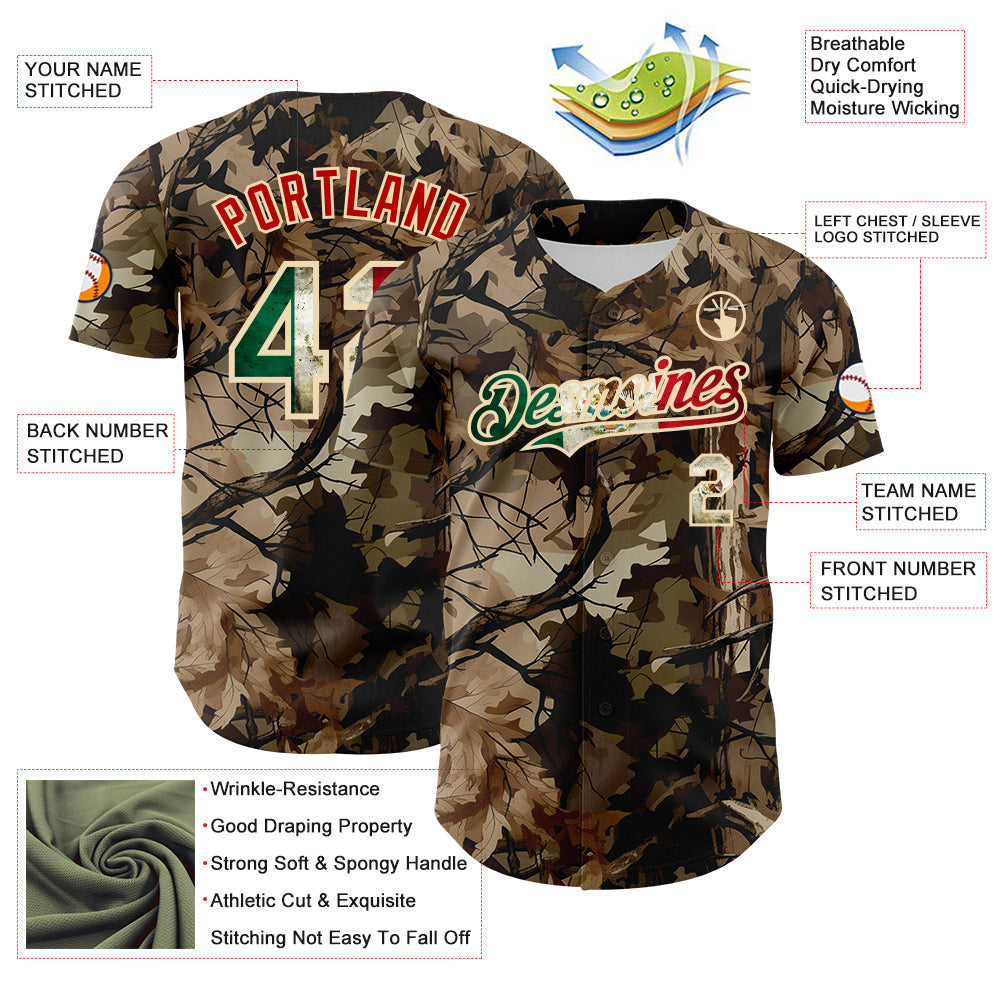 Custom Camo Vintage Mexican Flag Cream-Red Woodland Forest Tactical Camouflage Outdoor Leaf Authentic Baseball Jersey view 3